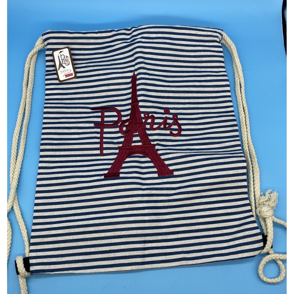 Paris Yaya Red Eiffel Tower Embroidered Canvas Backpack Blue/White Stripes NWT